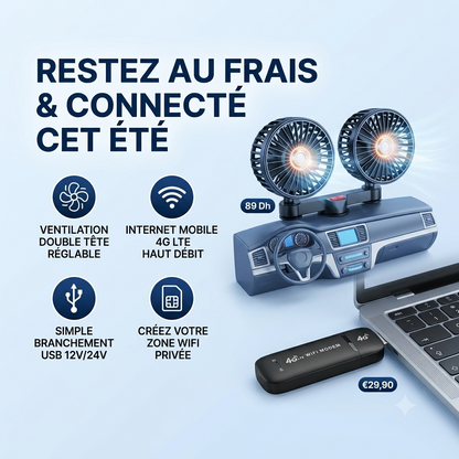 Ventilateur Double Tête Orientable pour Voiture — Fraîcheur Instantanée 12V/24V