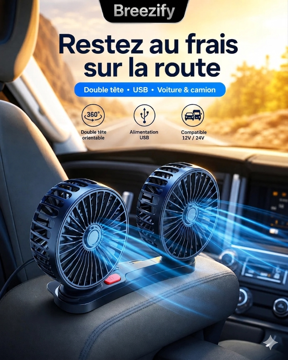Ventilateur Double Tête Orientable pour Voiture — Fraîcheur Instantanée 12V/24V
